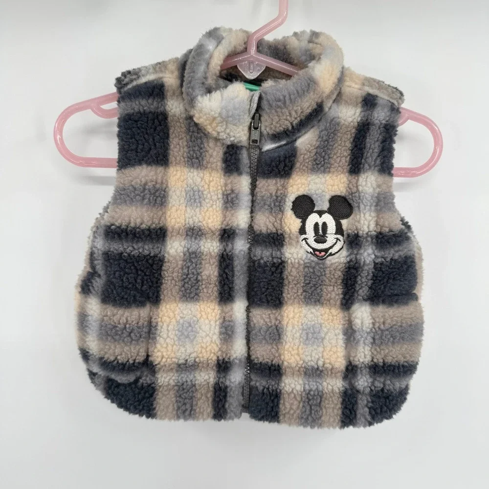Disney‎ Mickey Mouse Baby Boy's Faux Sherpa Vest Gray/Cream Plaid Size 0/3M